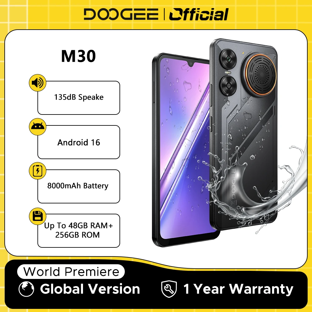 Фото Смартфон DOOGEE M30, 8000 мАч, экран 6.88'', 48 ГБ ОЗУ (6 ГБ + 42 ГБ), 256 ГБ ПЗУ, камера 64 МП, динамик 135 дБ, Android 16, NFC №1