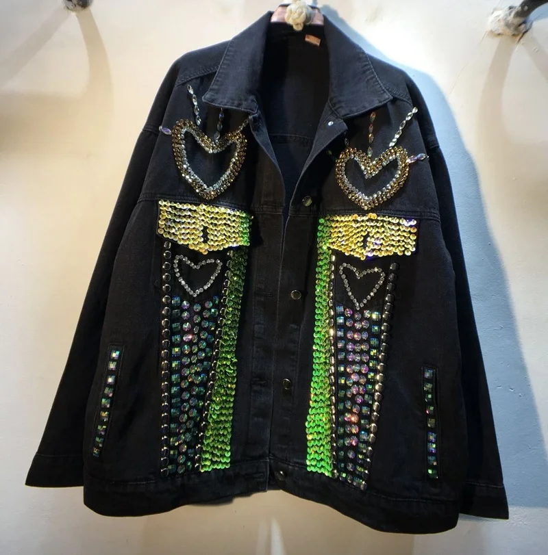 Heavy Industry Autumn Diamond Beads Sequins Denim Jacket Women Loose Lapel Outwear