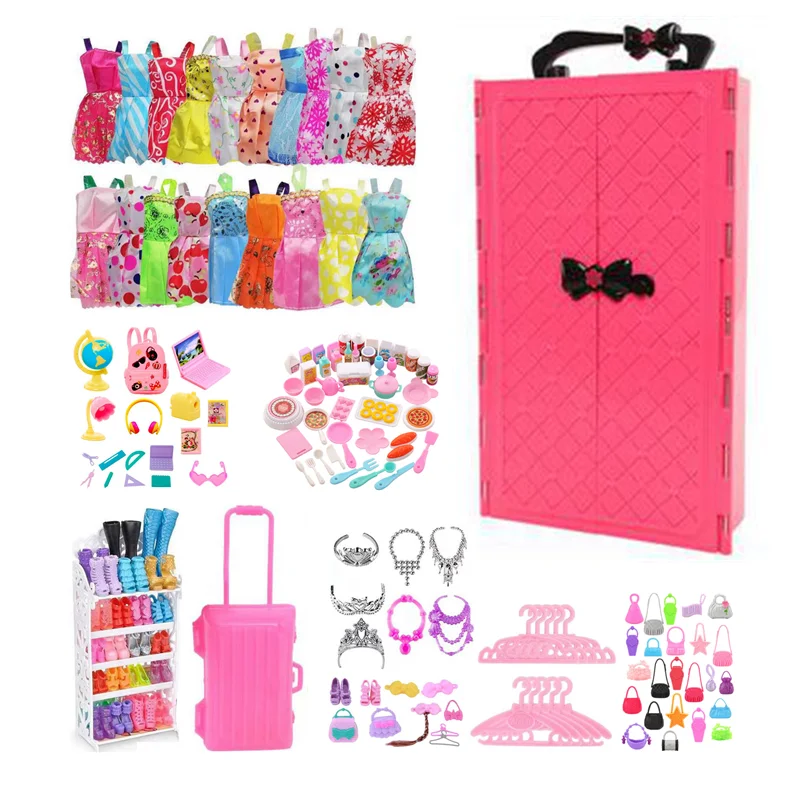 

Kawaii 132 Items /Lot =1 Doll Wardrobe +10 Mini Dress +121 Miniature Dollhouse Accessories For Barbie DIY Birthday Present Gifts