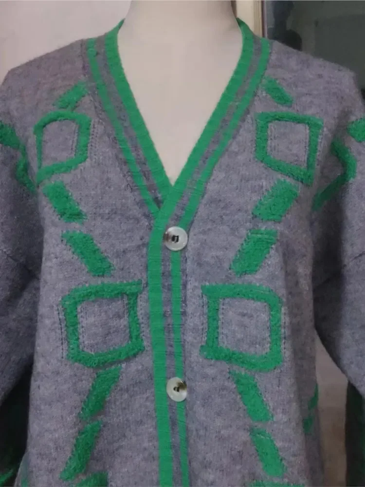 Женский кардиган в зеленую полоску розовый вязаный пуговицы женский свободный