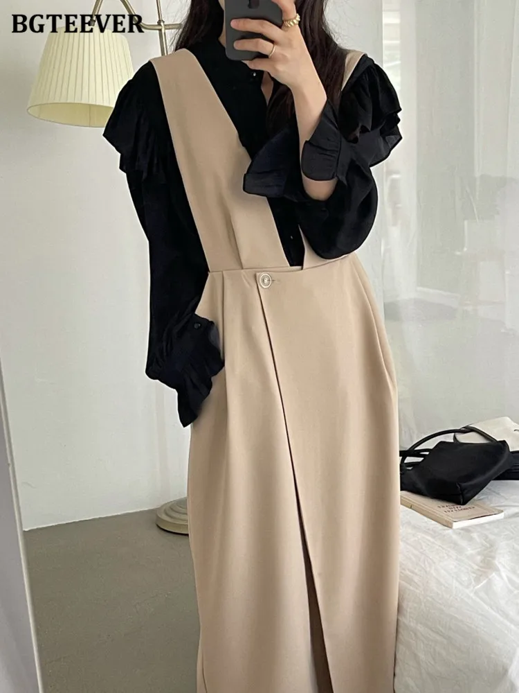 

BGTEEVER Chic Loose Female Set Flare Sleeve Single-breasted Shirts & Sleeveless Suspender Dress Ladies 2 Pieces Dress Set 2022