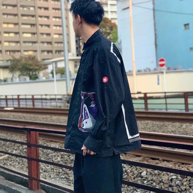 

Amekaji Japan Men's and Women's Life Cavempt Long Sleeve Sticker Mobile Phone Ink Printing Harajuku Shirt Oversized Shirt Coat