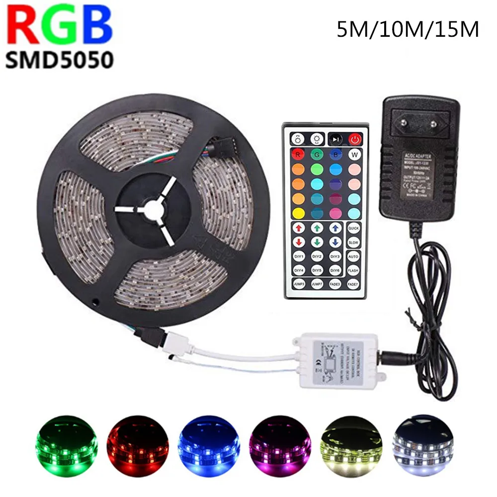 

Светодиодная лента 12 В RGB SMD 5050, светодиодная Водонепроницаемая Диодная неоновая лента с 44 кнопками управления, 5 м, 10 м, 15 м, украшение для ком...