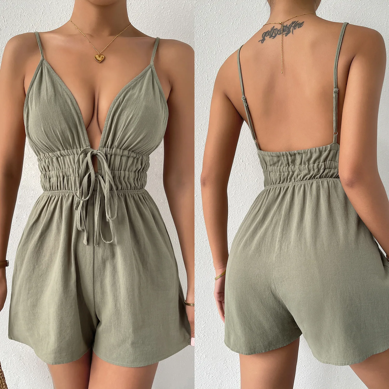 

Women Sexy Green Backless Deep V-Neck Straight Body Shorts Jumpsuit Summer Fashion Cotton Plus Size Bow Bandage Pleated Rompers