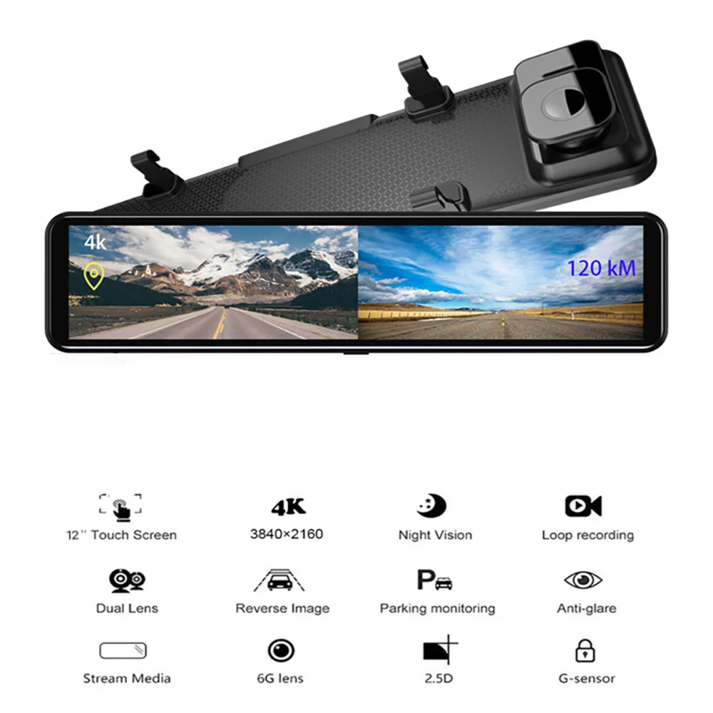 

4K Car DVR WiFi Dash Cam Ultra-HD 12" Rear View Vehicle Video Recorder Night Vision Auto 24H Parking Monitor G-sensor GPS Track