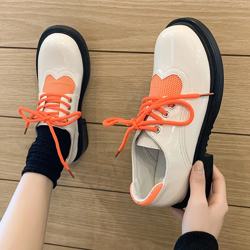 

2022 Spring New Round Head College Style Platform Small Leather Shoes Women Color Matching Loafers Lace-up Shoes