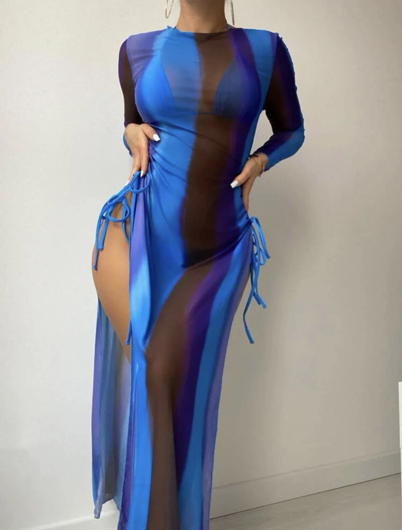 

Sexy Women's 3 Piece Set Bikini Cover Up Dress Fashion Striped Mesh Swimsuit Push Up Bikini With Cover Up Long Skirt Beachwear