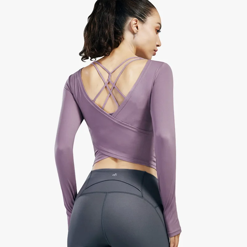 

Летняя пикантная спортивная одежда, Женская дышащая рубашка для тренировок с длинным рукавом, с защитой от пота, для бега, йоги, для спортзала, с перекрестной спиной, быстросохнущие Топы