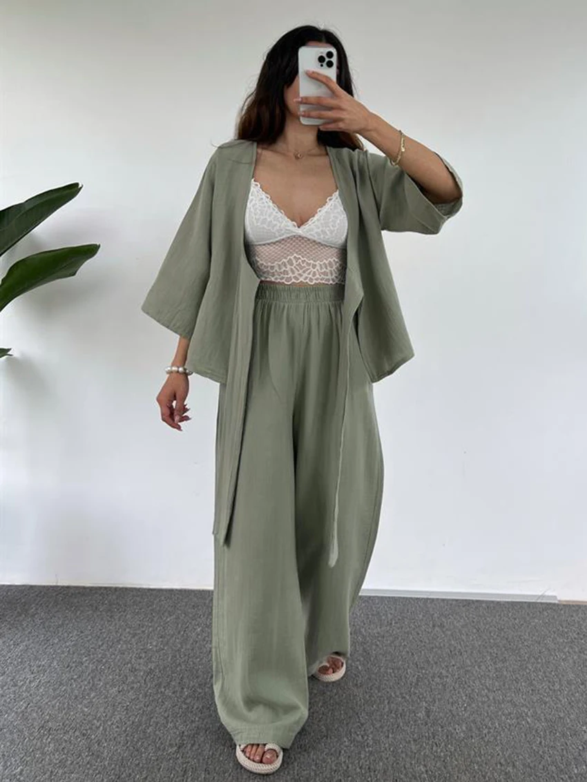 

Marthaqiqi Sexy V-Neck Women Pajamas Set Lace Up Sleepwear Three Quarter Sleeve Nightgowns Wide Leg Pants Femme Nightwear Suits
