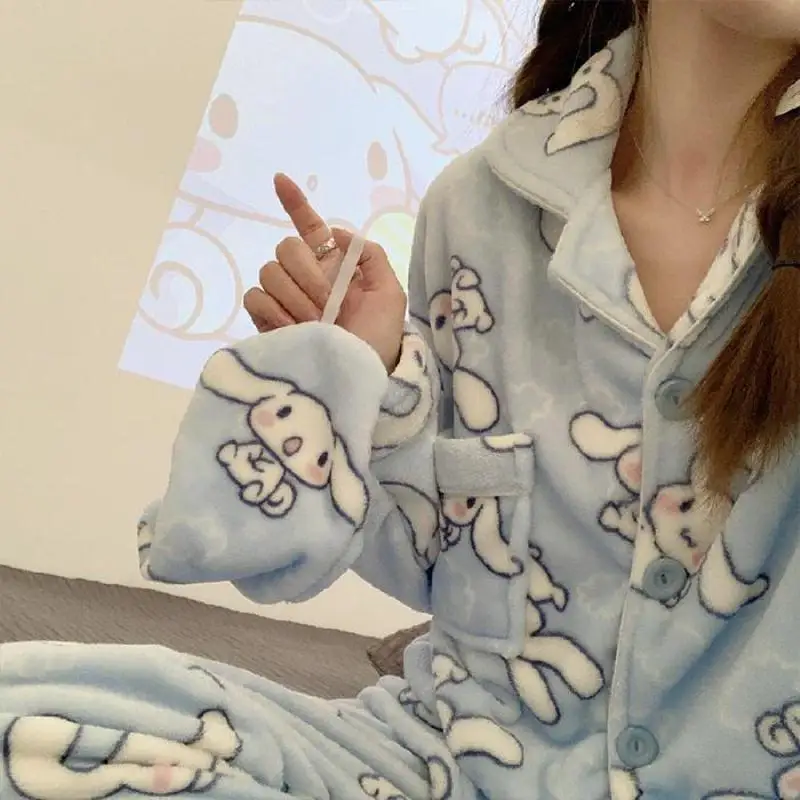 

New Sanrio Kuromi My Melody Cinnamoroll Kitty Pochacco Cartoon Cute Pajamas Autumn and Winter Thickened Plush Coral Home Clothes