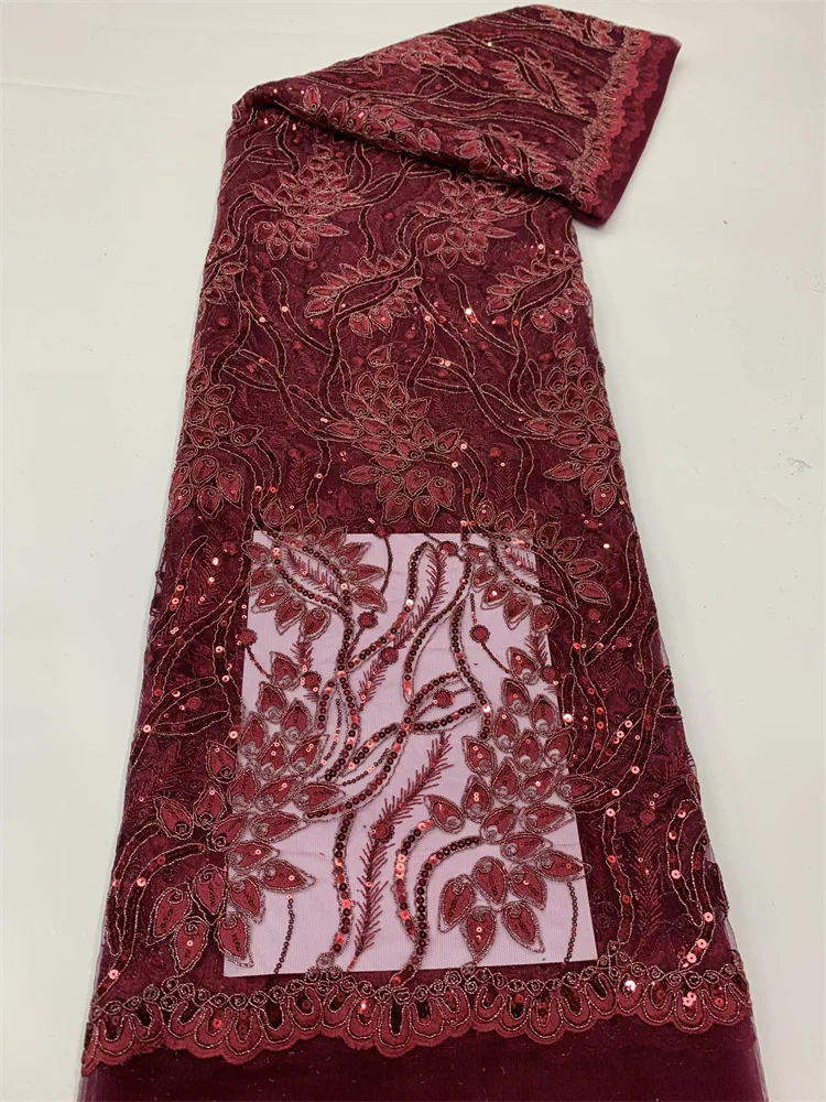 

Wine Sequins African French Sequins Lace Fabric 2023 High Quality Tulle Lace Material Bridal For Nigerian Wedding Material