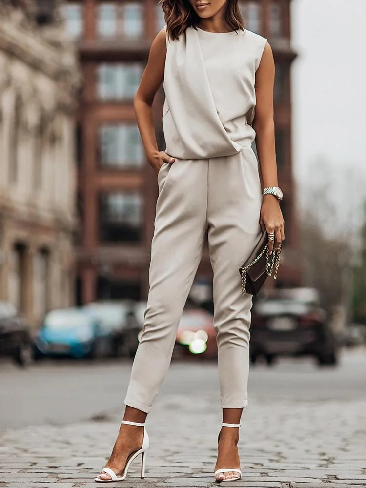 

Summer O Neck High Street Slim Pencil Pant Jumpsuit Female Solid Sleeveless Commute Overalls Fashion Casual Pocket Loose Rompers