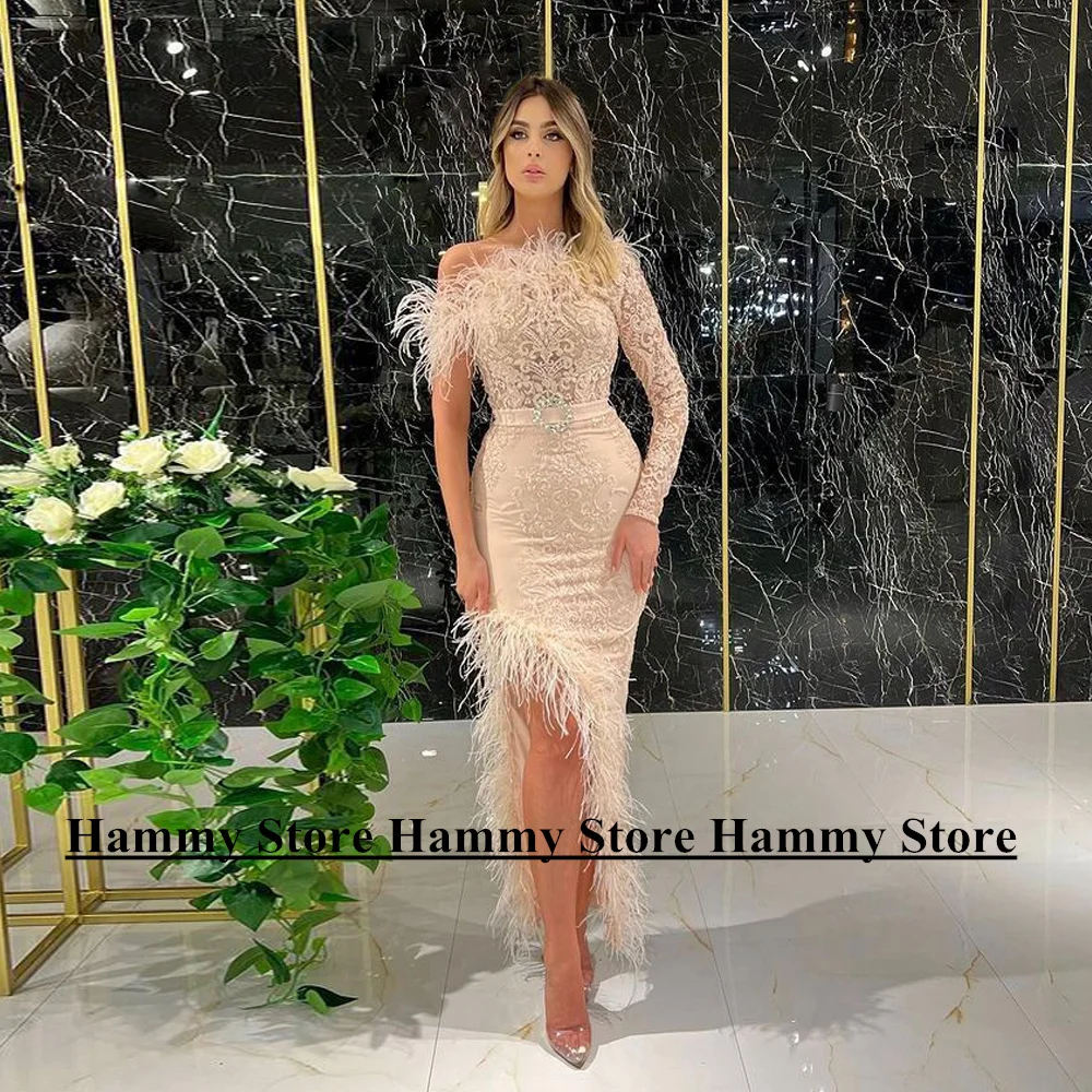 

Yipeisha Champagne Lace Memaid Evening Dress Long Sleeve Applique Ankle Length Belt Robe De Soiree Feathers Prom Party Gown