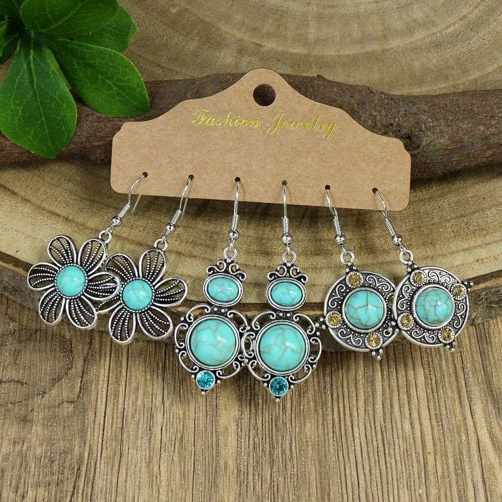 

Vintage Bohemia Blue Turquoises Earring Set Women Ethnic Indian Jewelry Flower Geometric Drop Earrings Party Jewelry Gift