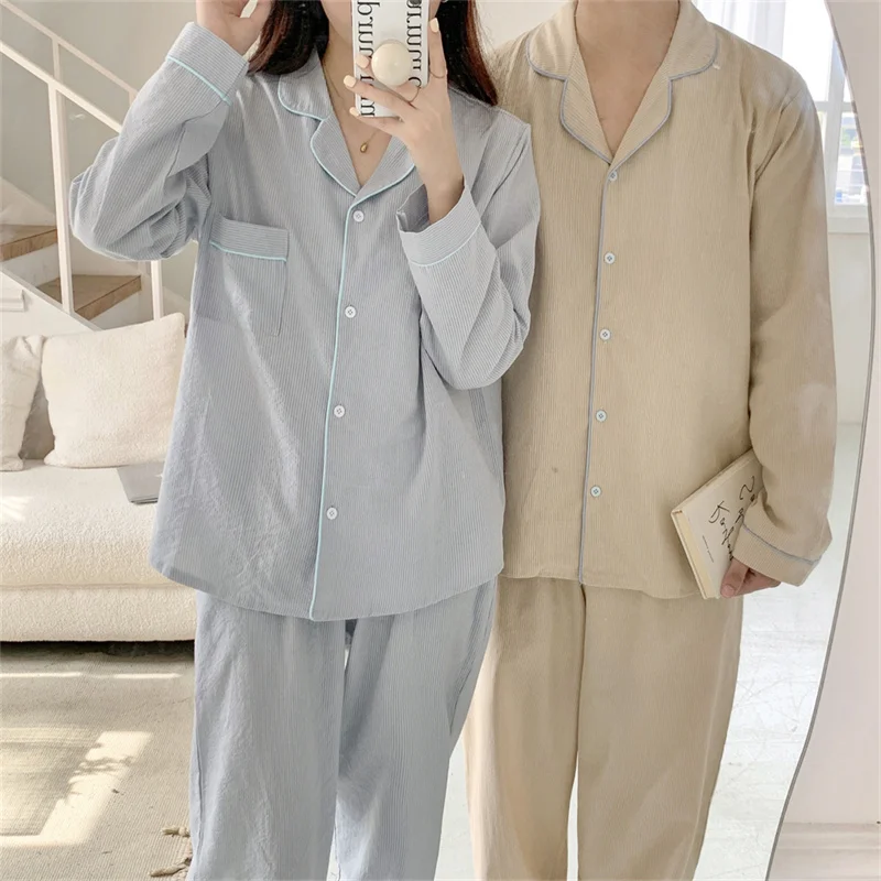 Autumn New Couple Striped Pajamas Set Long-Sleeved Lapel Home Clothes Two-piece Simple Ins Women Loose Cotton Pajamas Sweet D471