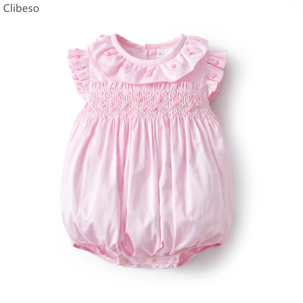 New Baby Girl pagliaccetti Smocked fatti a mano neonato Smocking bolle rosa con fiori ricamati Baby Smock tute di cotone vestiti