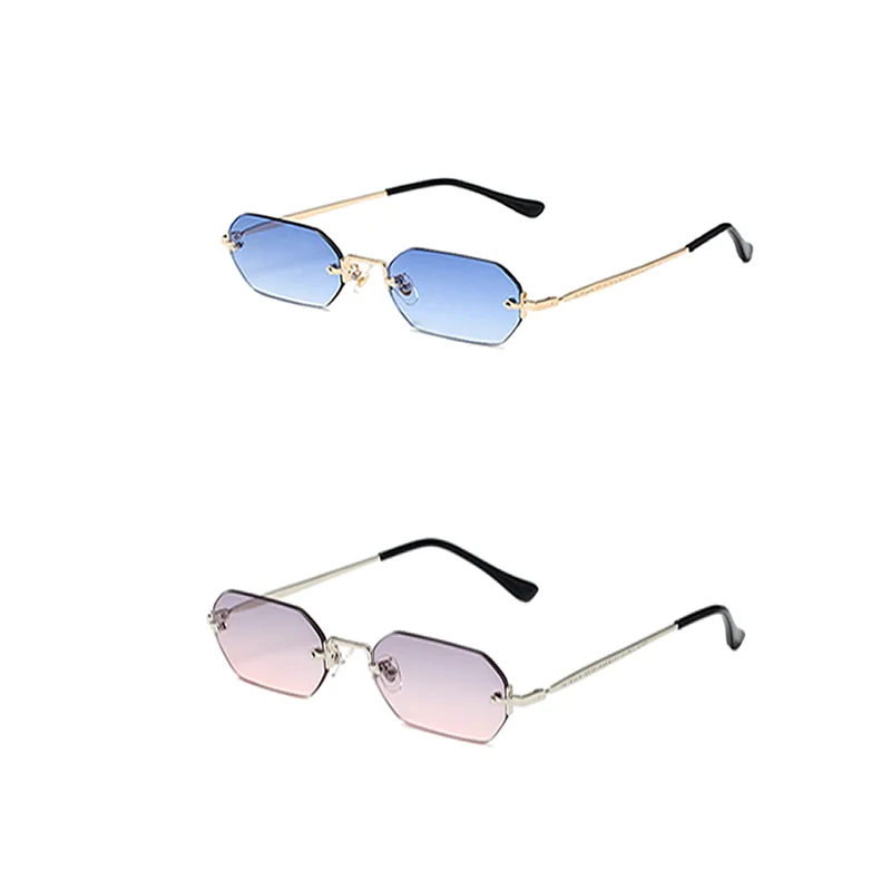 

Оптовая продажа 2022 Новинка солнцезащитные очки без оправы прямоугольные маленькие мужские очки женские мужские металлические золотые многоугольные синие Оттенки UV400 без оправы