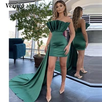 verngo simple green satin short prom dresses with overskirt strapless draped mini party gowns cocktail dress robe de soiree