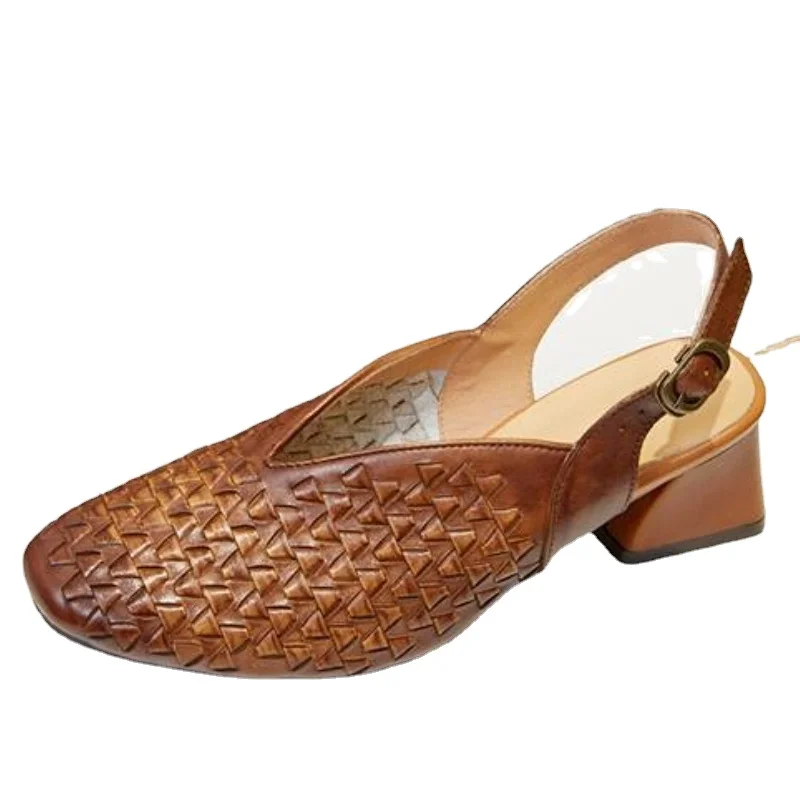 

5cm Women Sandal Fashion Moccasins Chunky Heels Weave Sheepskin Leather Luxury Summer Elegance Ladies Vintage Females Shoes