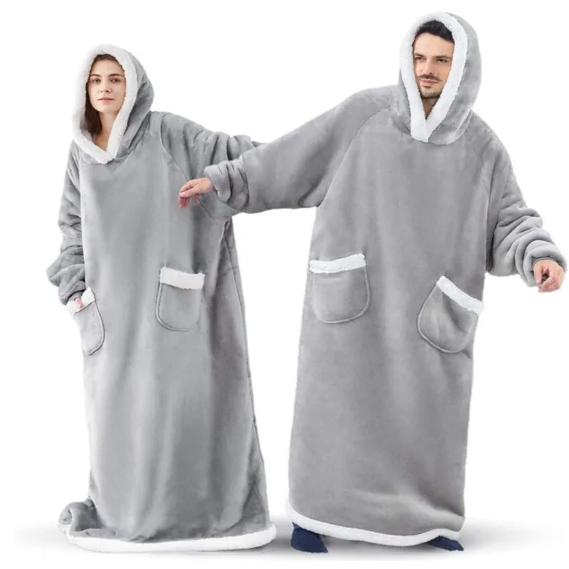 

Winter Flannel Blanket With Sleeves Super Long Oversized Fleece Hoodies Sweatshirts Giant TV Blanket For Women Kid Couple