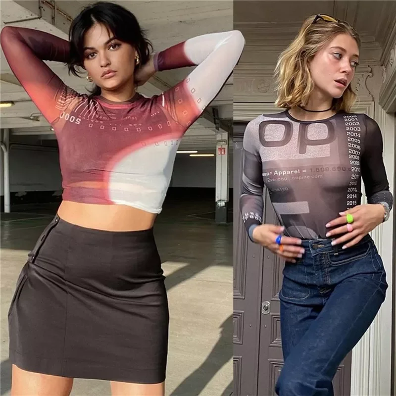 

Spring Autumn Women Casual Crop Tops O-Neck Long Sleeve Slim Fit Printed Tee Tops Fairycore Grunge Aesthetic T-shirt Streetwear