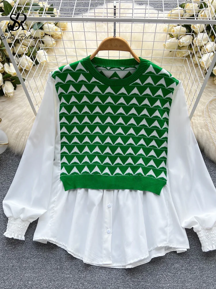 

LIRUICHENG Women Fashion Plaid Midi Blouse Autumn Long Sleeve Single Breasted Loose 2022 Female Senior Spilced Knitted Shirt