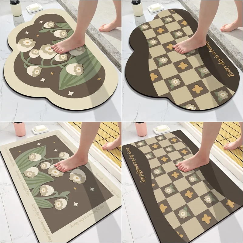 

Flower Print Napa Skin Absorbent Bathroom Mats Quick Drying Bath Shower Rug Anti-slip Diatom Entrance Doormats Kitchen Floor Mat