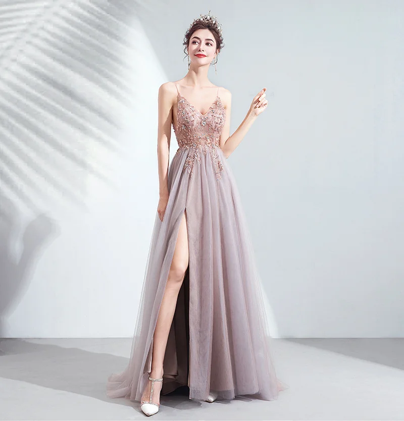 

2022 New Sling Beading V-Neck Roll Back Split Trailing Banquet Sexy Annual Meeting Host Slim Elegant Bridesmaid Dress