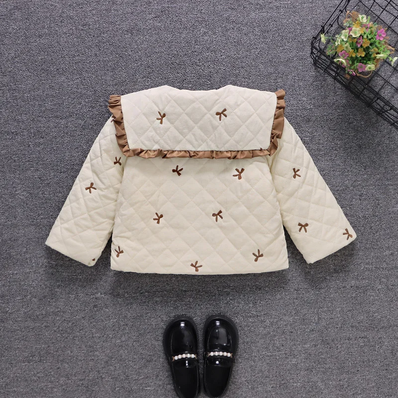 Милое Хлопковое Зимнее Пальто Для Девочек С Большим Воротником Кружевным Бантом