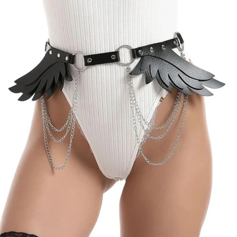 2022 NEW Leather Harness Angel Wing Gothic metal chain tassel belts Harajuku Waist Garter Waistband Punk Rave Garter
