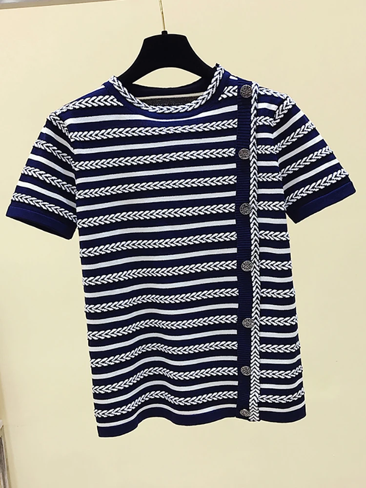 

Striped Knitted Tshirts For Women Summer Tops Button Tee Shirt Femme Casual Tshirt Womens Clothes Camisetas De Mujer Para Verano