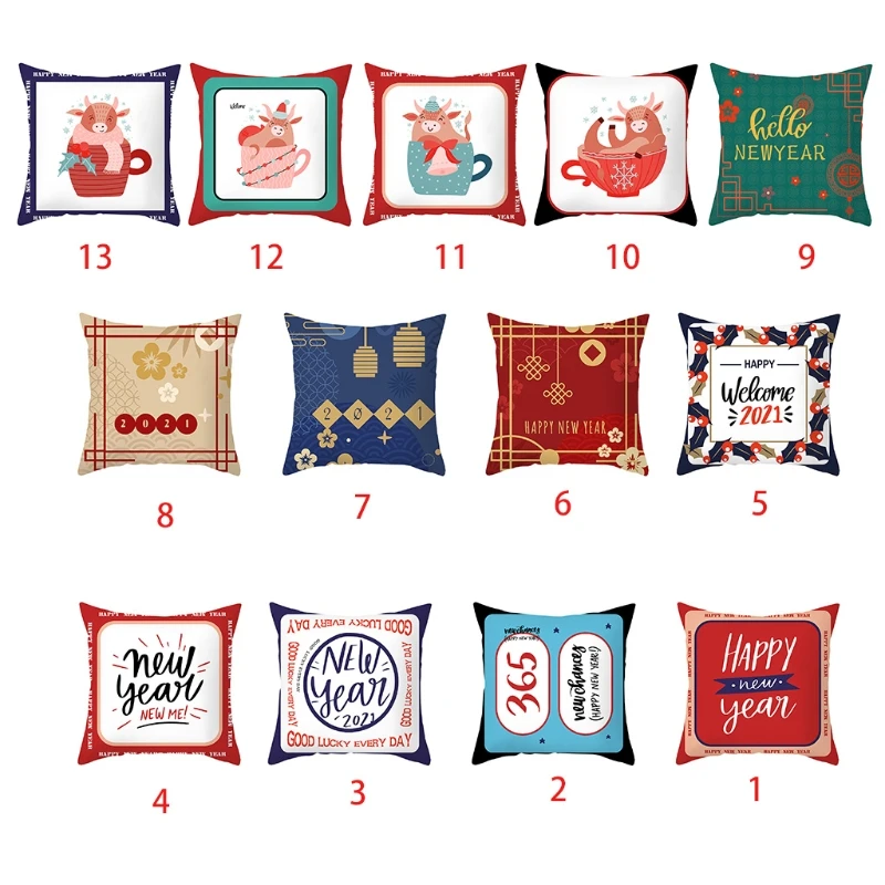 

New Nordic Style 2021 Happy New Year Throw Pillow Case Cartoon Ox Animal Printed Polyester Peach Velvet Cushion Cover Holiday