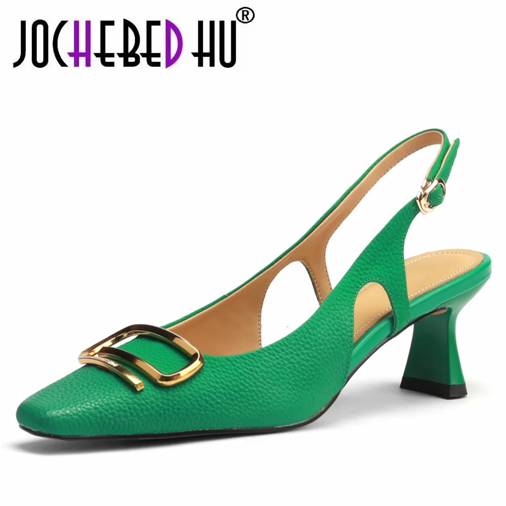 

【JOCHEBED HU】Fashion Thick Heel Pumps Shoes Women Genuine Leather Brand Pointed Buckle Ladies Top Quality Single High Heel 33-40