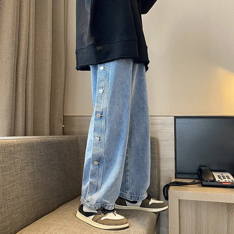 DEEPTOWN Straight Jeans Men Casual Denim Pants Streetwear Trousers Male High Quality Pants with Side Buttons Man Size 5XL Loose
