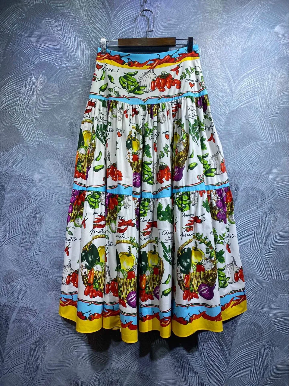 

Cotton Fabric Fashion Friut Print Elegant Women Long Skirt Summer Fall Sicily Vacation Lady Pleated Skirts Clothing