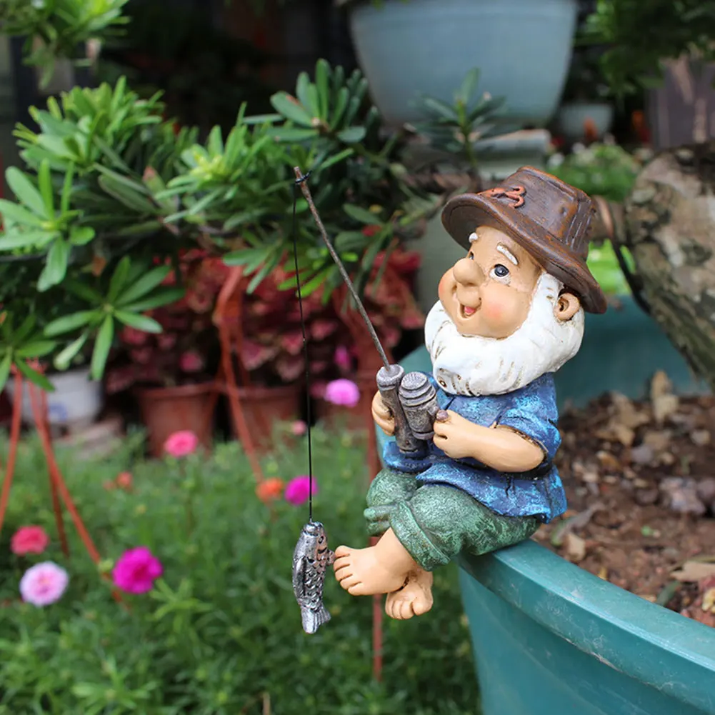 

Garden Ornament Outdoor - Fishing Gnome Statue Resin Figurine Dwarf Sculpture for Pond Lawn Yard Decorations