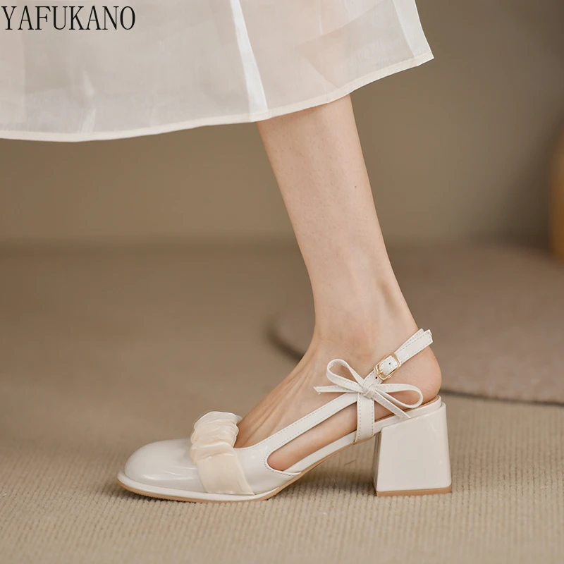 

Elegant Party Wedding Shoes Pleated Detail Bow Decor Chunky Heel Slingback Pumps Summer New Women Sandals High Heels