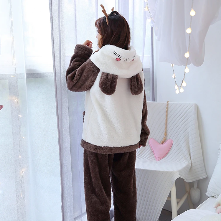 Winter New Women's Flannel Hooded Long Sleeve Pajamas Set Cute Leisure Women Sleepwear Set Gold Velvet Pyjamas Homewear