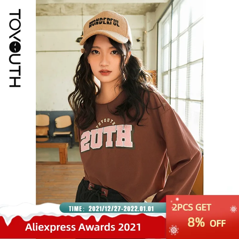 

Toyouth Women T-shirts 2021 Autumn Long Sleeve Round Neck Loose Tees Contrast Color Letters Embroidery Print Chic Casual Tops