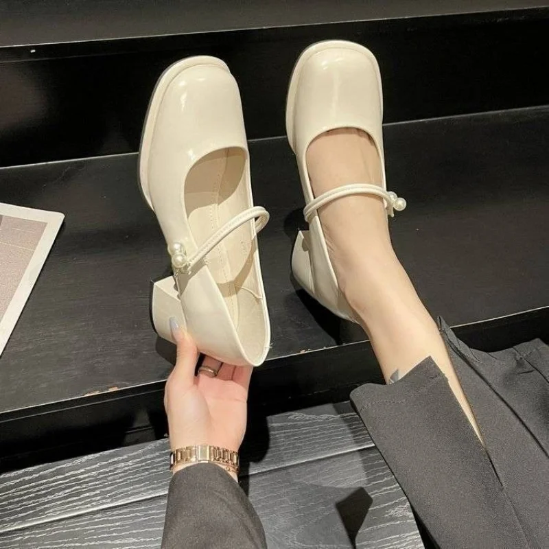 Ladies Summer Footwear Mary Jane Shoes for Women 2023 with Medium Heels Japanese Style Lolita Pearl Square Toe Gothic White Y2k