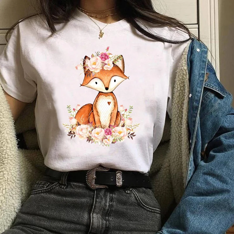 

Women Print Clothing Lovely Fox Flower Cartoon Short Sleeve Travel Ladies Clothes Lady Tees Tops Sweet T Shirt Womens T-Shirt