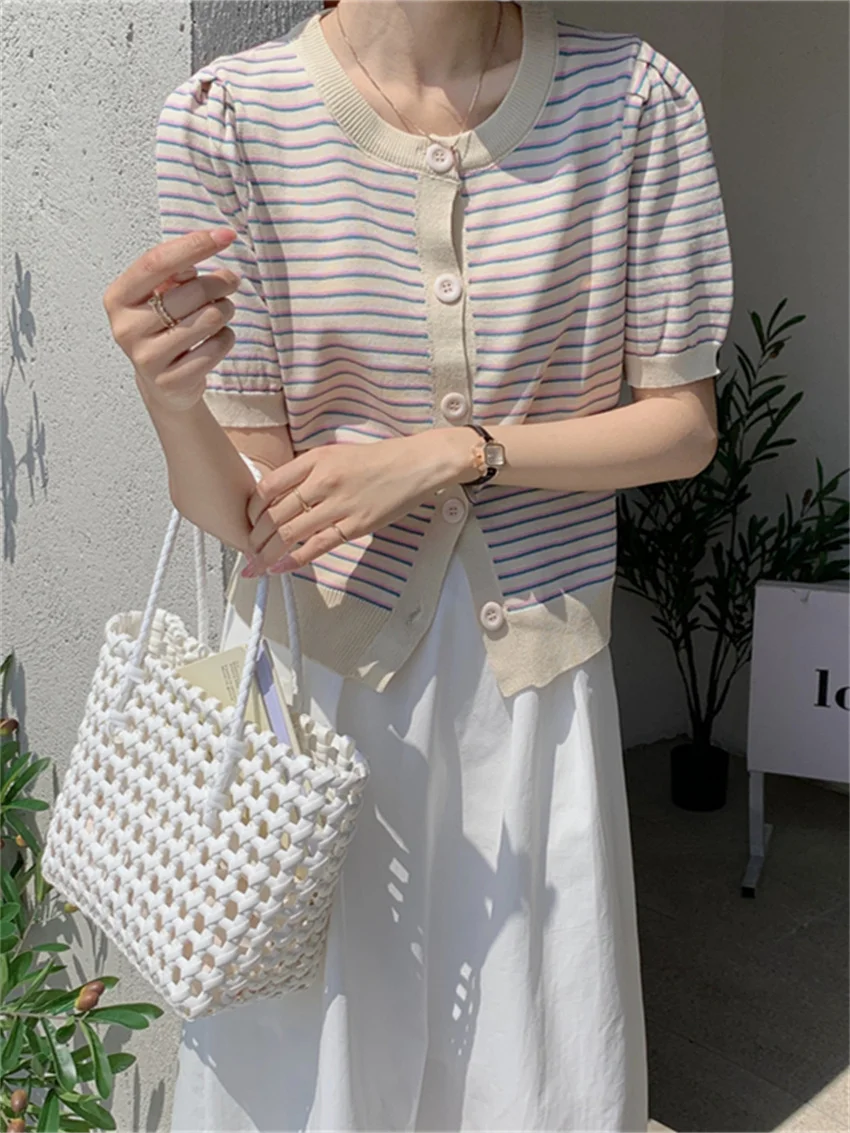 

Women Stripes Cardigans Knitted Coats Hot 2022 Puff Sleeve Summer Sweet Chic Outwear All Match Slim Office Lady Sweaters