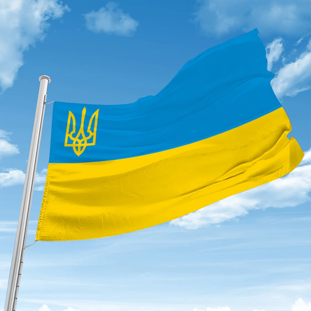 

Ukraine Ukrainian People's Republic Flag With Coat of Arms 100D Polyester Custom Brass Grommets National Printed Flags