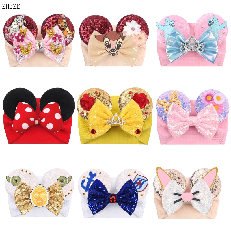 10Pcs/Lot New Design Mouse Ears Headwrap For Baby Girls Sequin Bow Headband Turban Christmas Festival Party DIY Hair Accessories