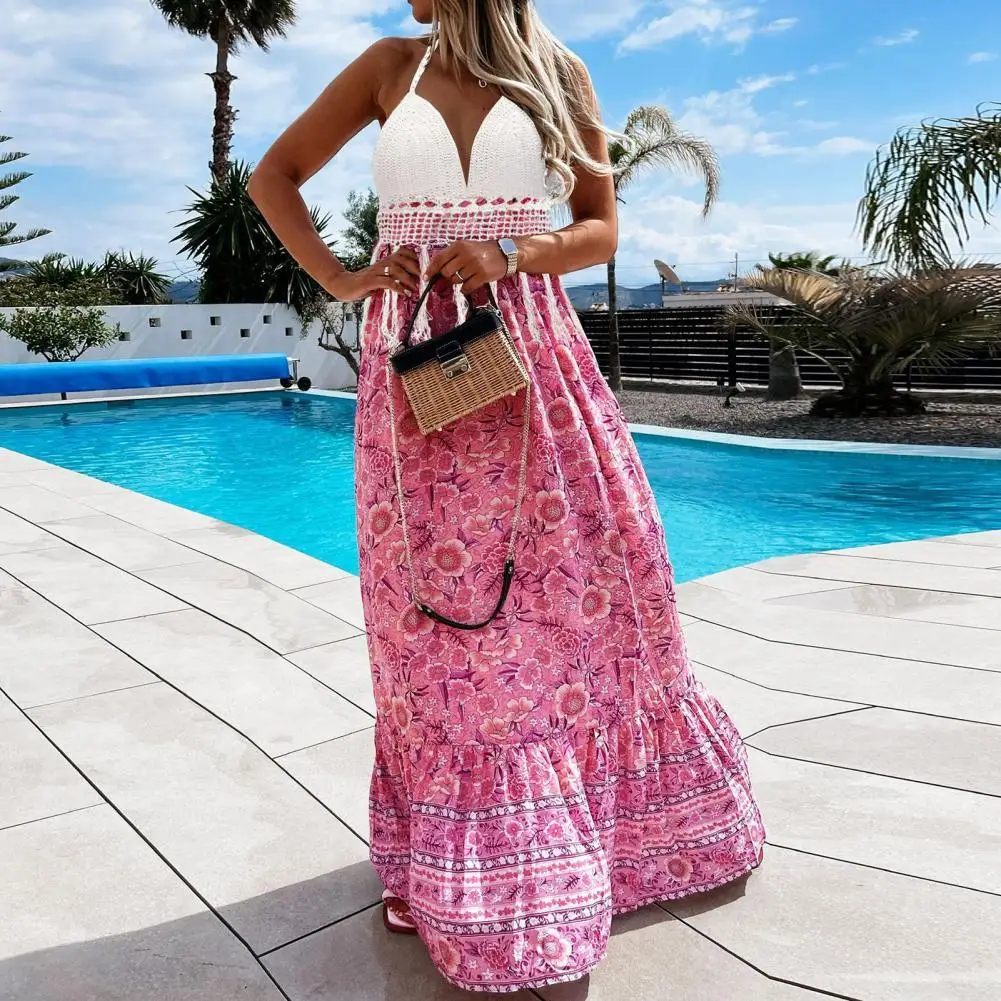 

Summer Dress Women 2022 Halter V-neck Tassel Decor Holiday Crochet Bra Floral Print Large Hem Boho Long Dress Women Sundress