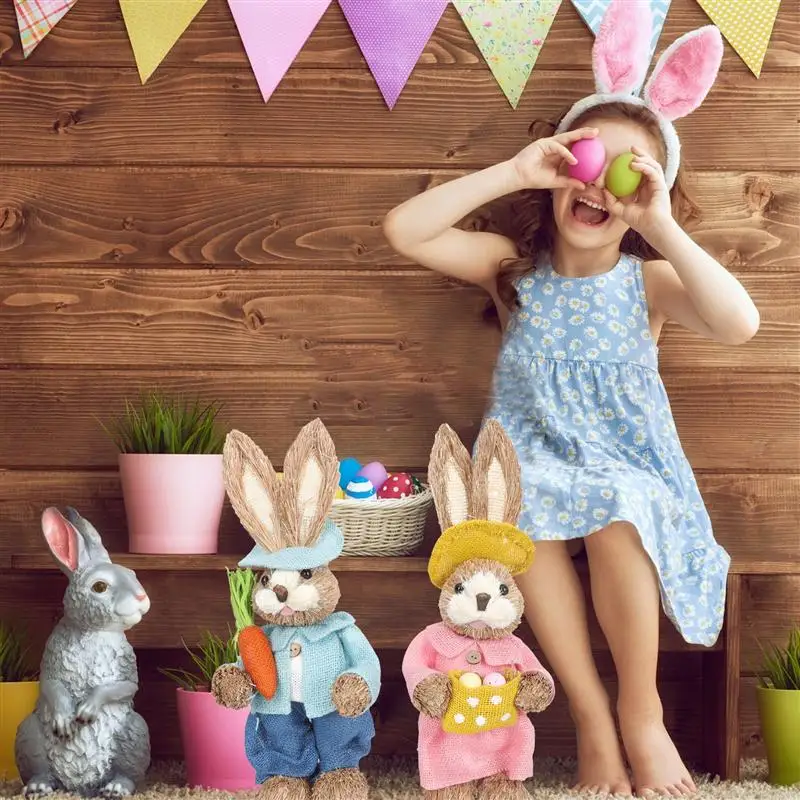 

2pcs Easter Straw Rabbit Straw Woven Bunny Adornment Garden Decorations