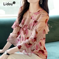 melaleuca ruffled pink floral chiffon shirt round neck long sleeve casual blouse for female 2022 spring summer elegant clothing