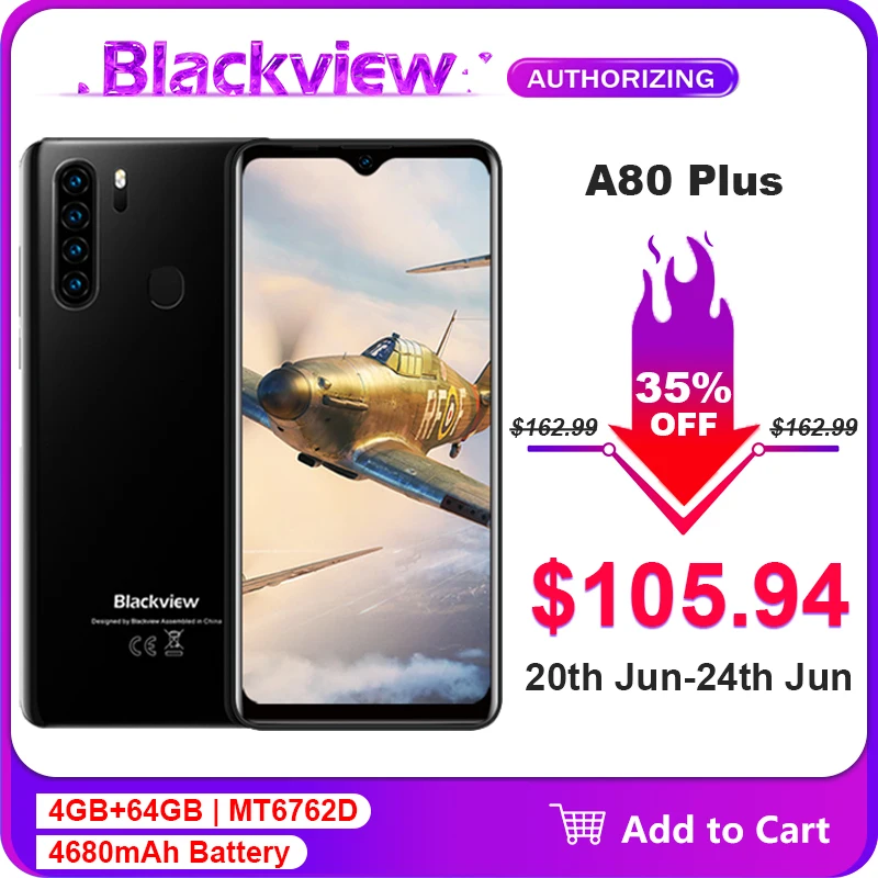 Смартфон Blackview A80 Plus экран 6 49 дюйма 4 Гб ОЗУ 64 ПЗУ Восьмиядерный процессор MT6762D Android