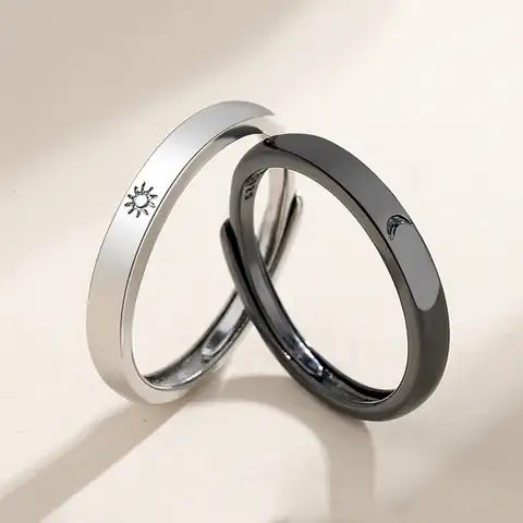 A fashionable simple ring for a couple, a silver adjustable open ring with the sun and moon, jewelry for women and men, a gift ...