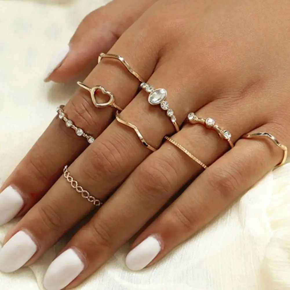 

9 Pcs/Set Popular Female Ring Simple Finger Ring Set Exquisite Hollow Out Smooth Female Ring
